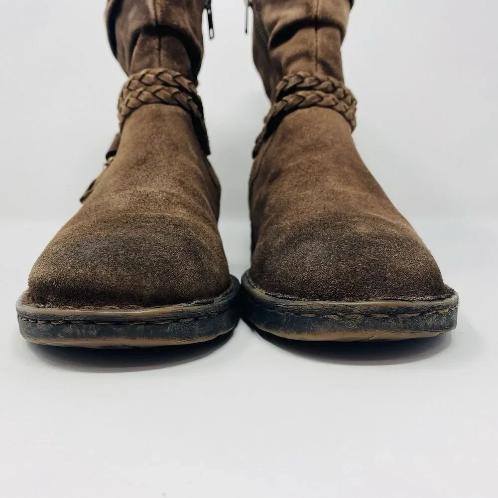 Born 7 Brown Ouvea Slouchy Zip Ankle Boots Distressed Suede Boho Western Braided
